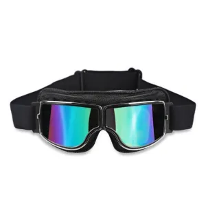 Vintage Aviator Motorcycle Goggles w/ Adjustable Strap, One Size, Black ABS Frame, Colorful Lens