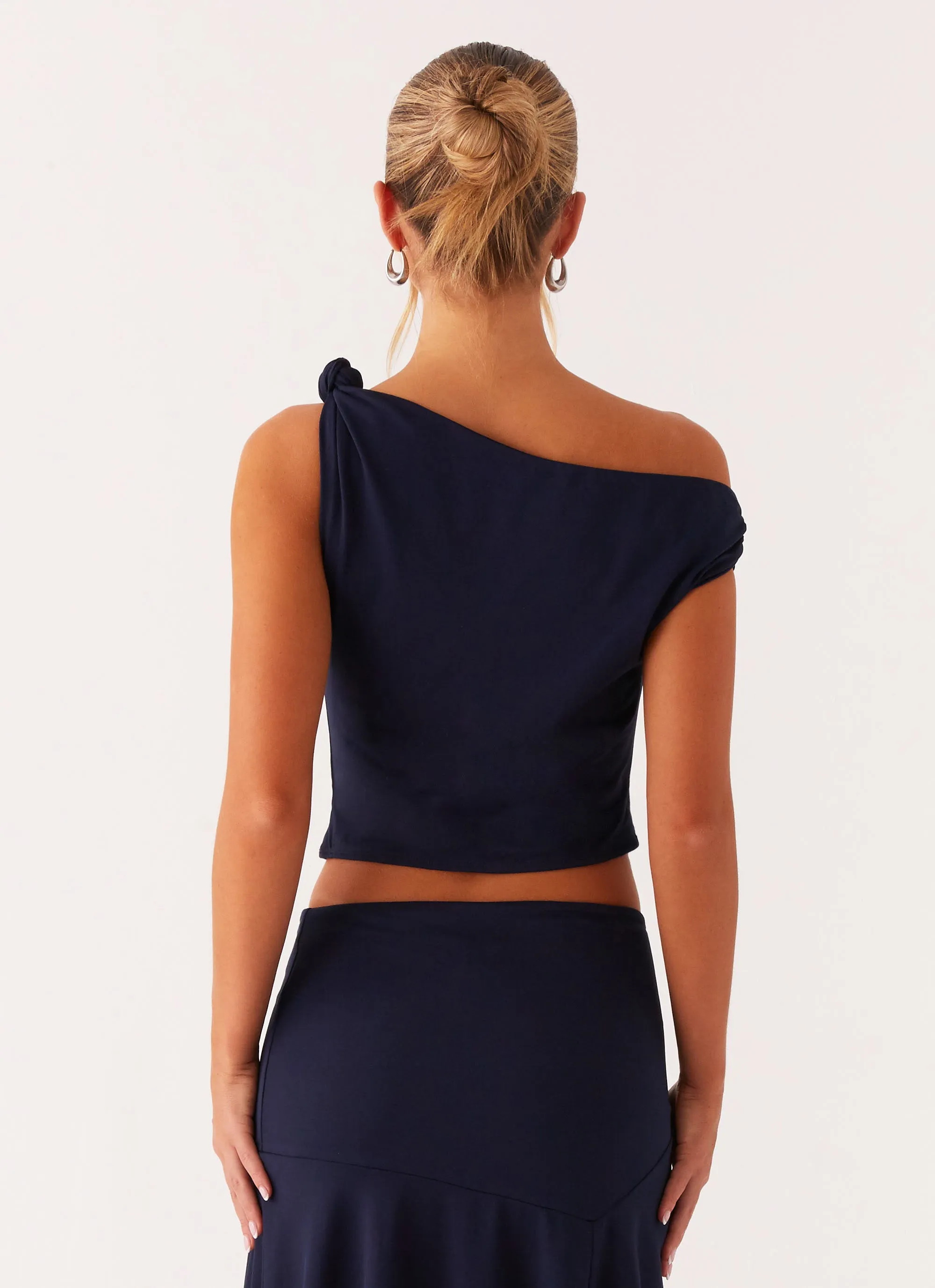Textured Fabric Finish Viola Twist Shoulder Top - Navy
