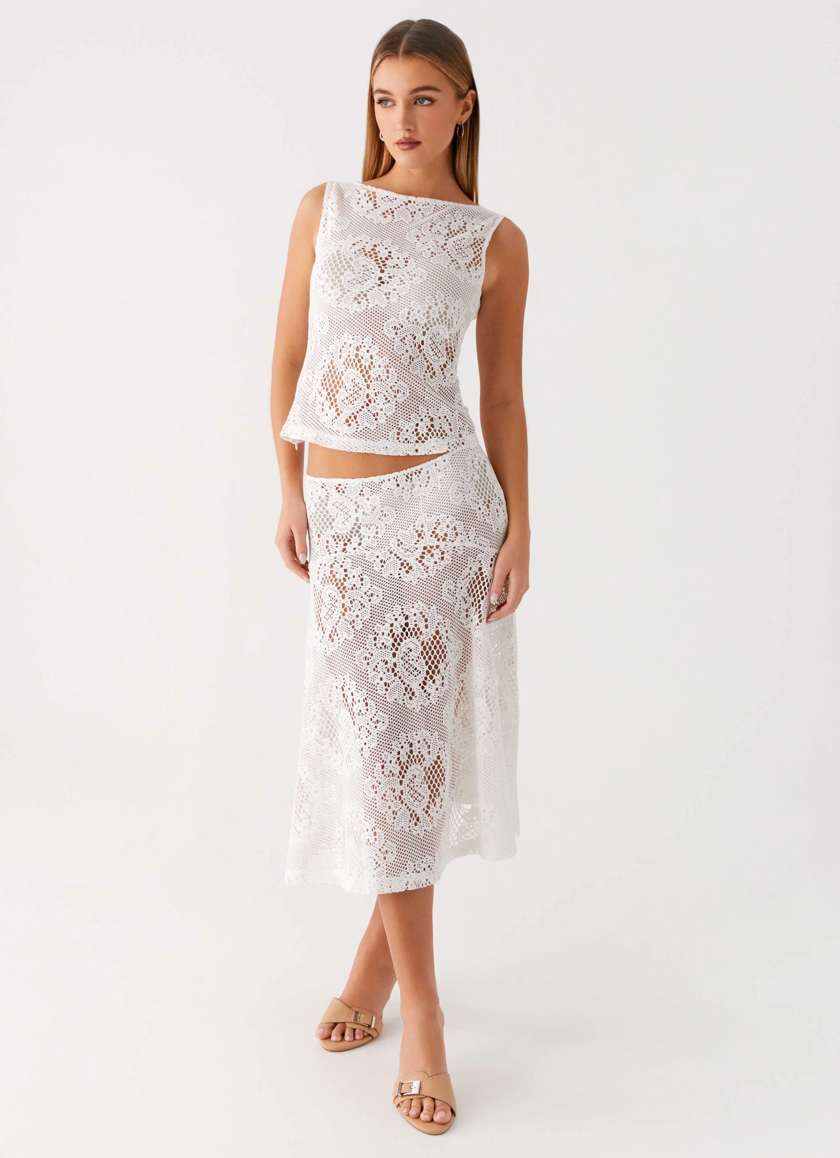 City Style Neutral Wear Virelle Lace Midi Skirt - Ivory