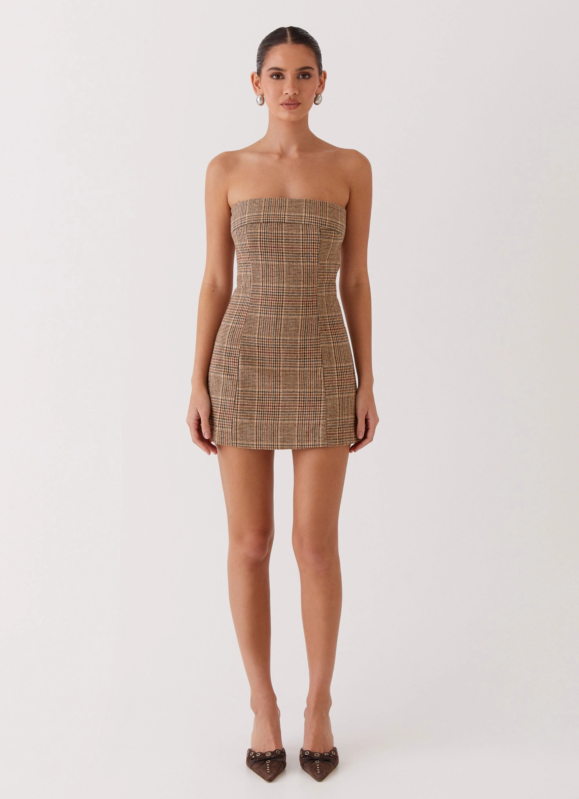 Vivenda Strapless Mini Dress - Brown Plaid Subtle Edge Flattering Waist Design Fit