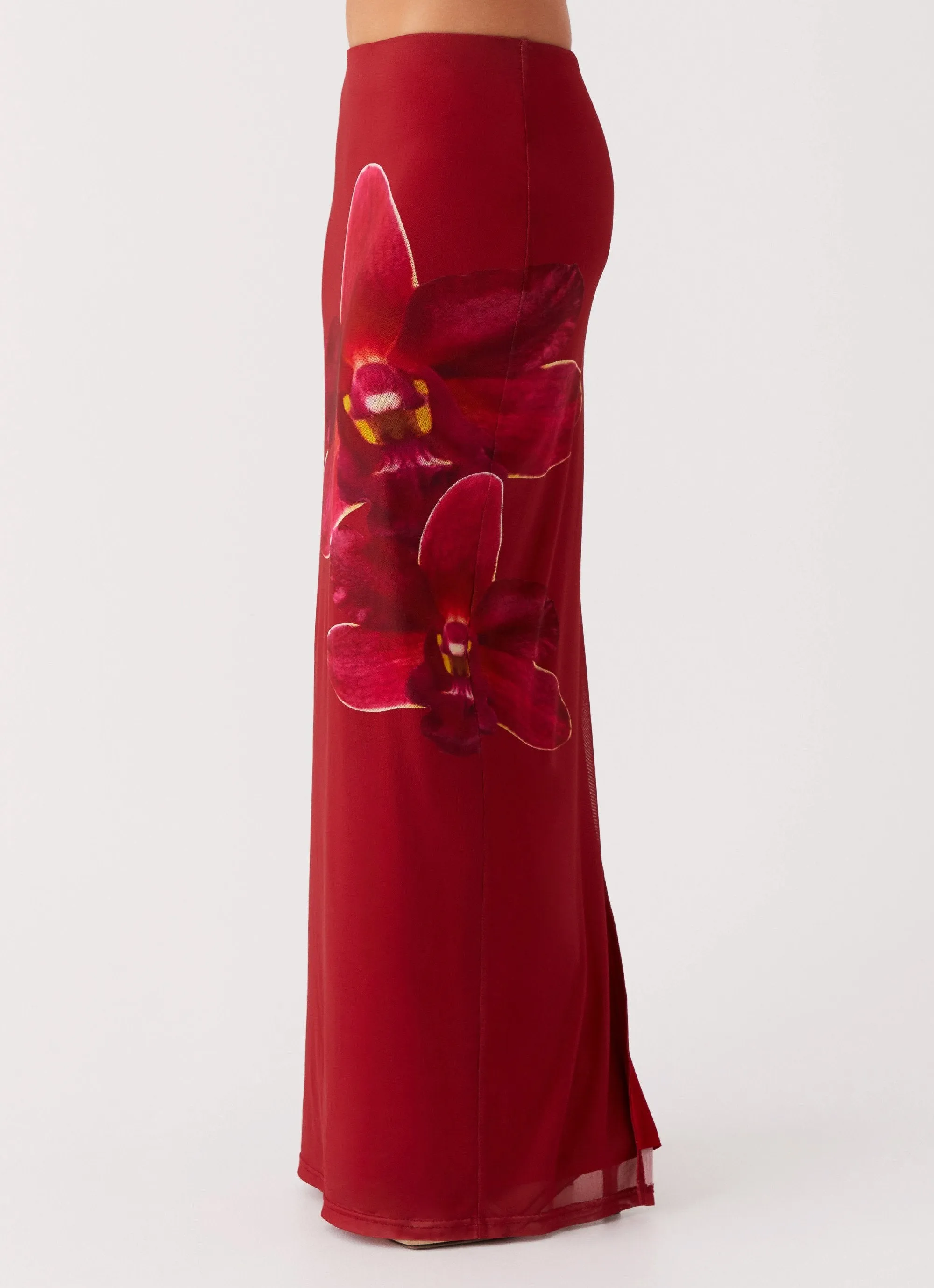 Waiting For Dawn Mesh Maxi Skirt - Rosa Artisan Print Sustainable Fabric