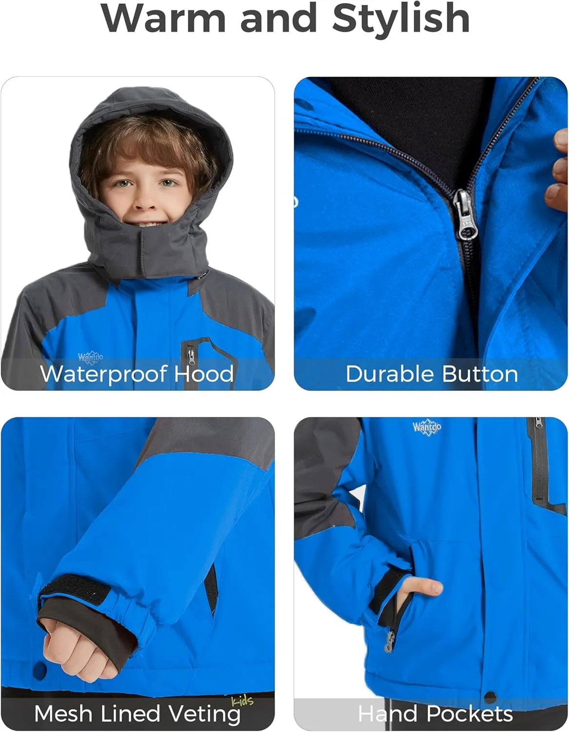 Wantdo Boy's Waterproof Ski Jacket Fleece Snowboarding Jackets Warm Thick Winter Coat Hooded Raincoats