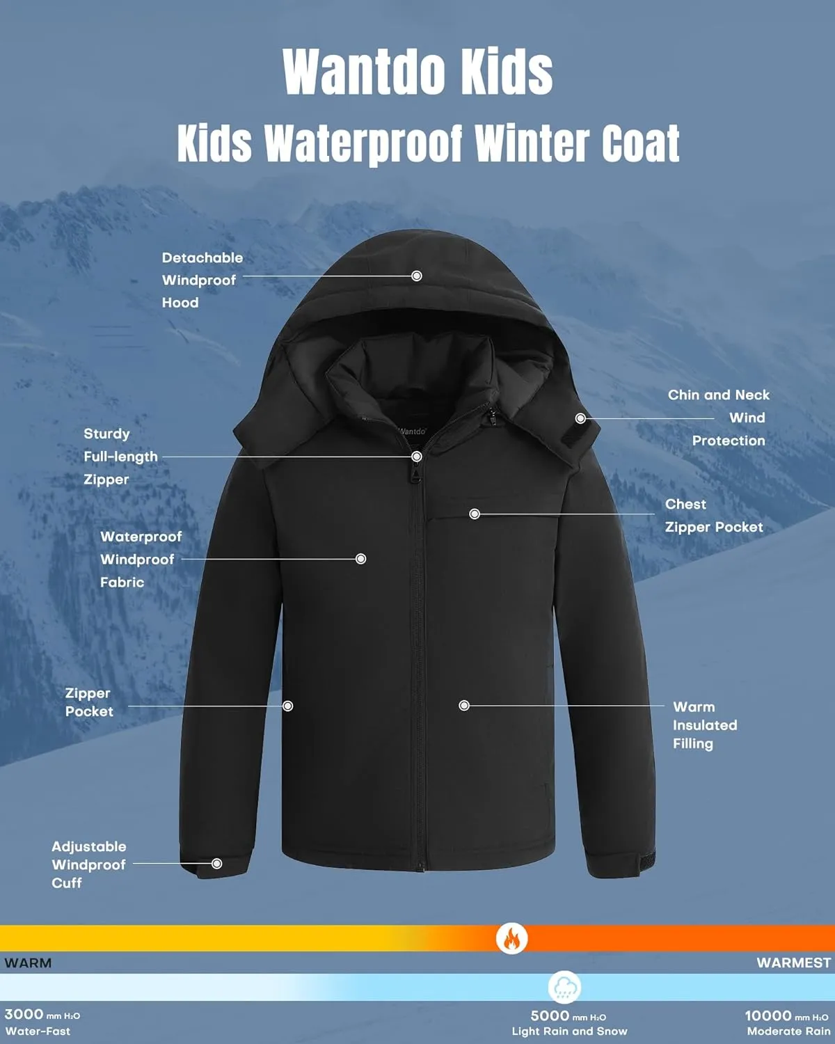 wantdo Boys Winter Coat Waterproof windbreaker Snow Ski Jacket Warm Thick Rain Jacket Kids Coats with Removable Hood
