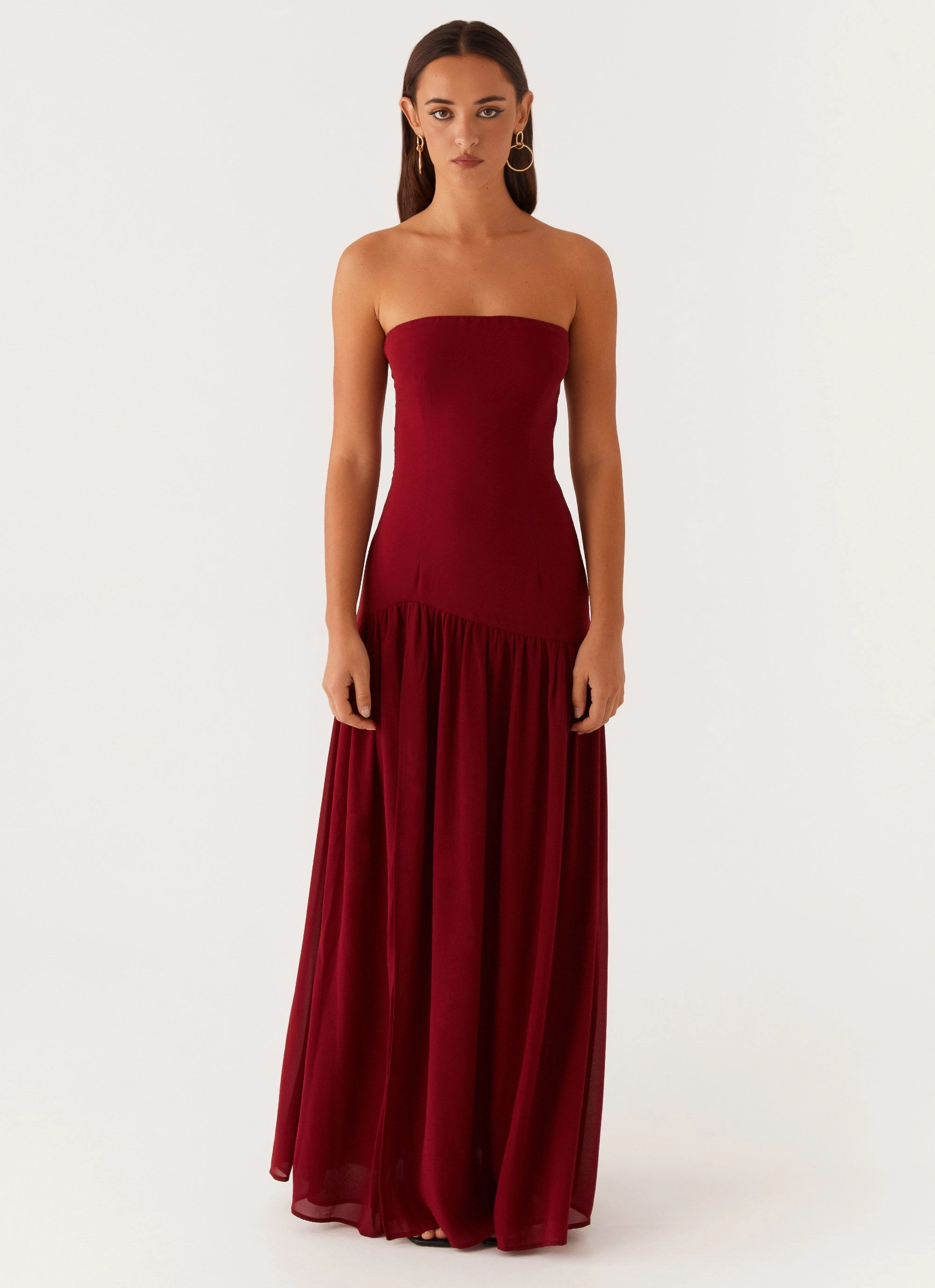 Eden Strapless Maxi Dress - Maroon Linen Love