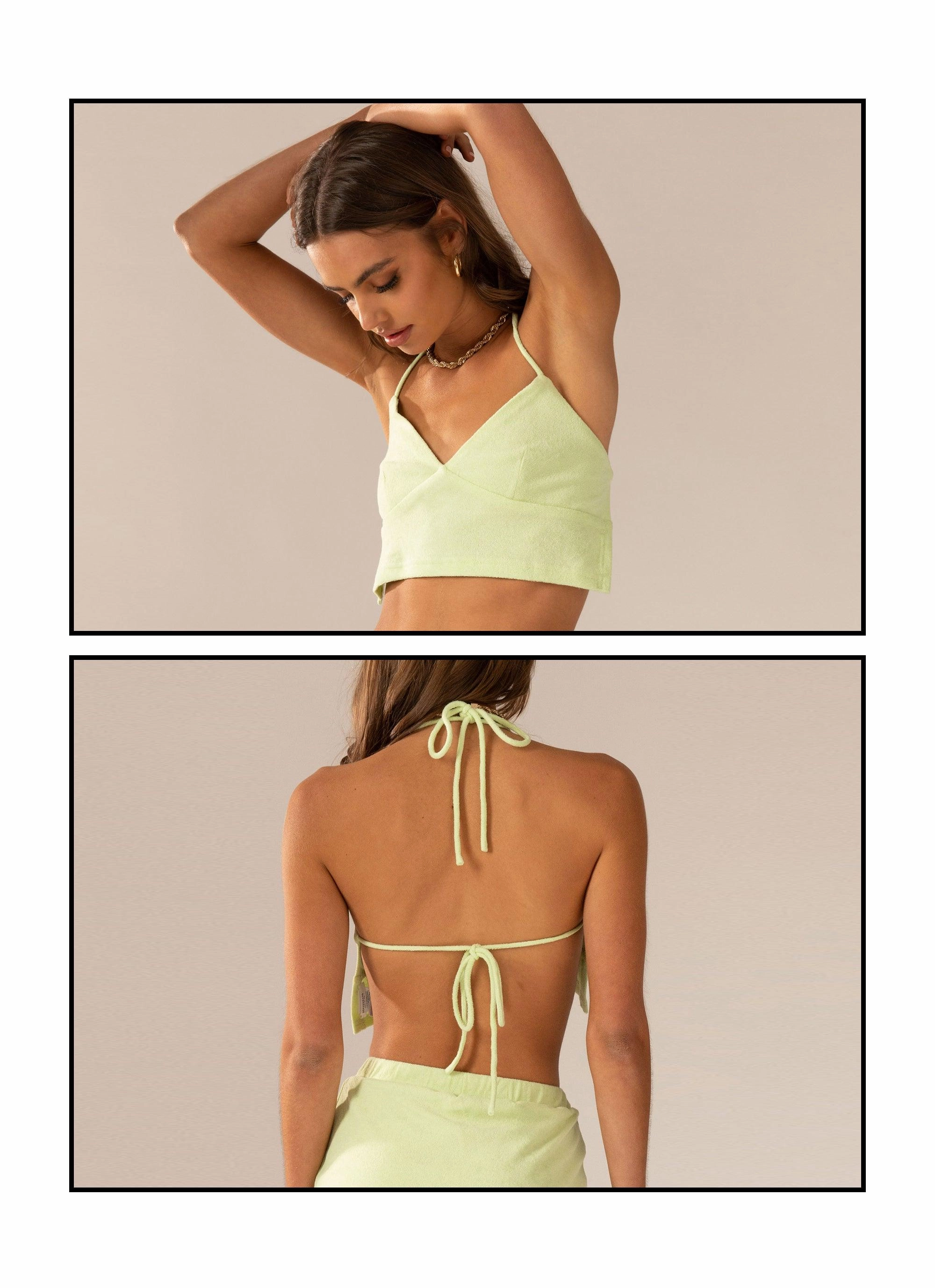 Warmer Water Terry Halter Crop - Lime Green Lightweight pullover Tagless Labeling