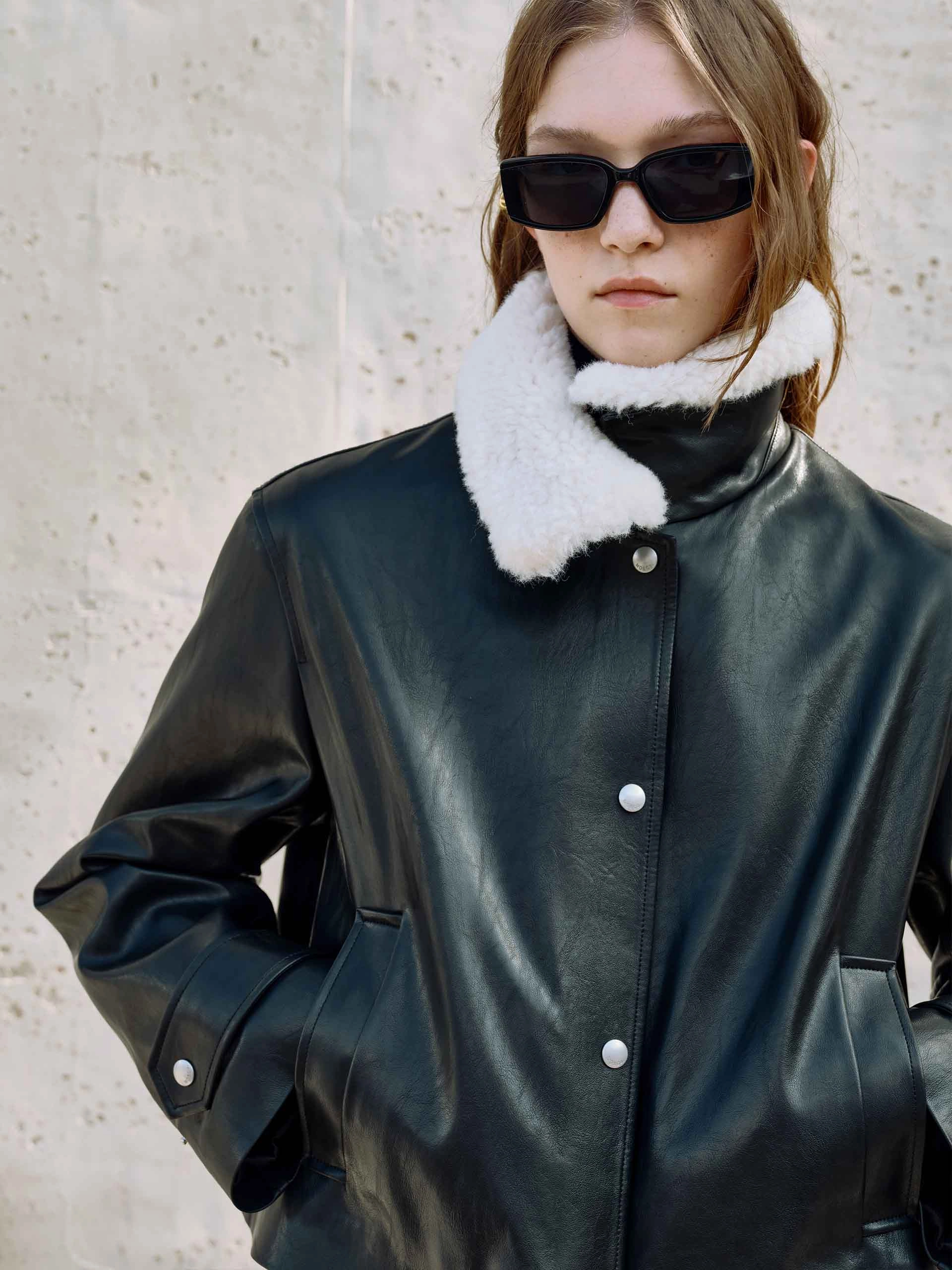 Bonded Fabric Fur Collar Leather Coat