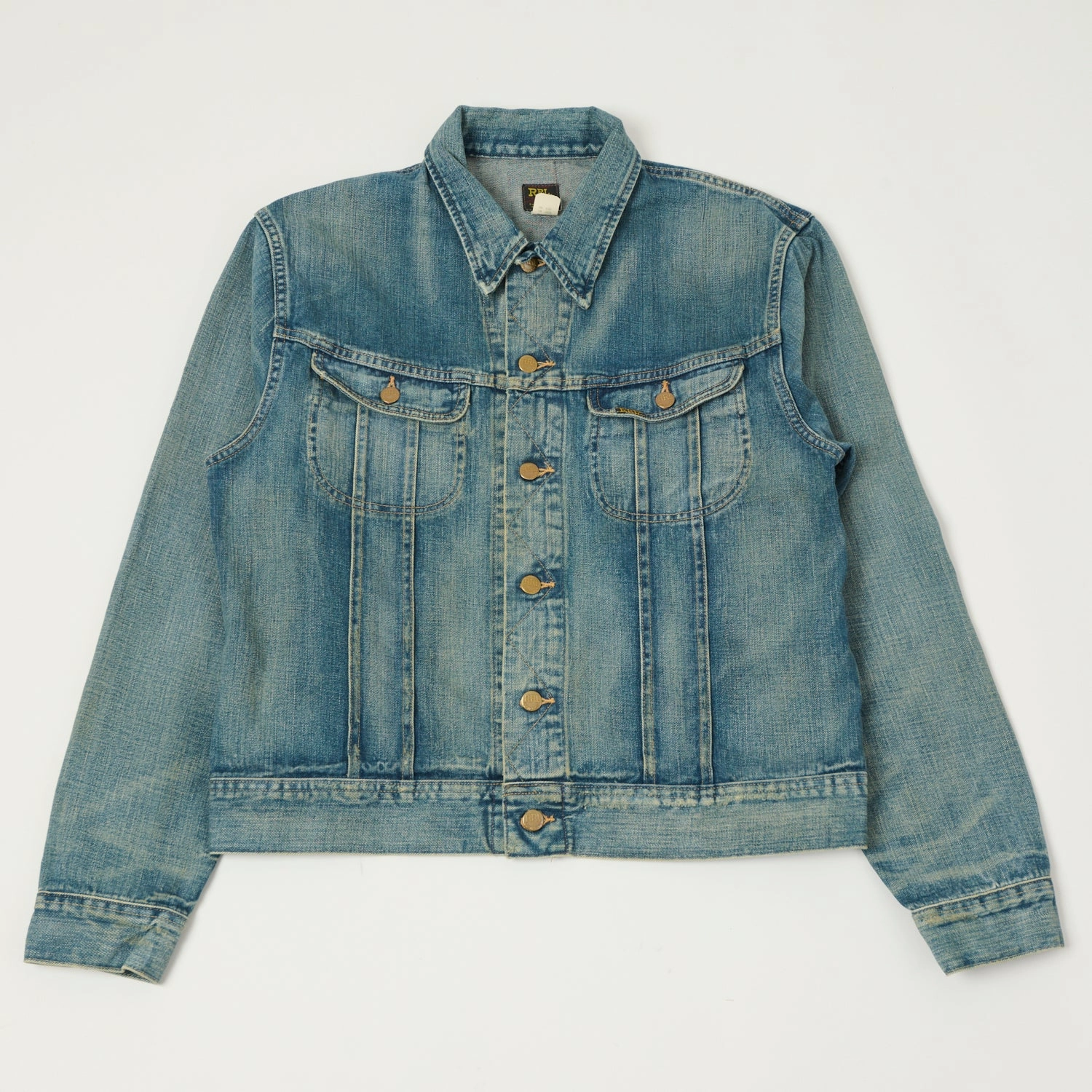 RRL 'Leeland' Denim Trucker Jacket - Heavy Wash Pastel Shade ReinforcedElbows