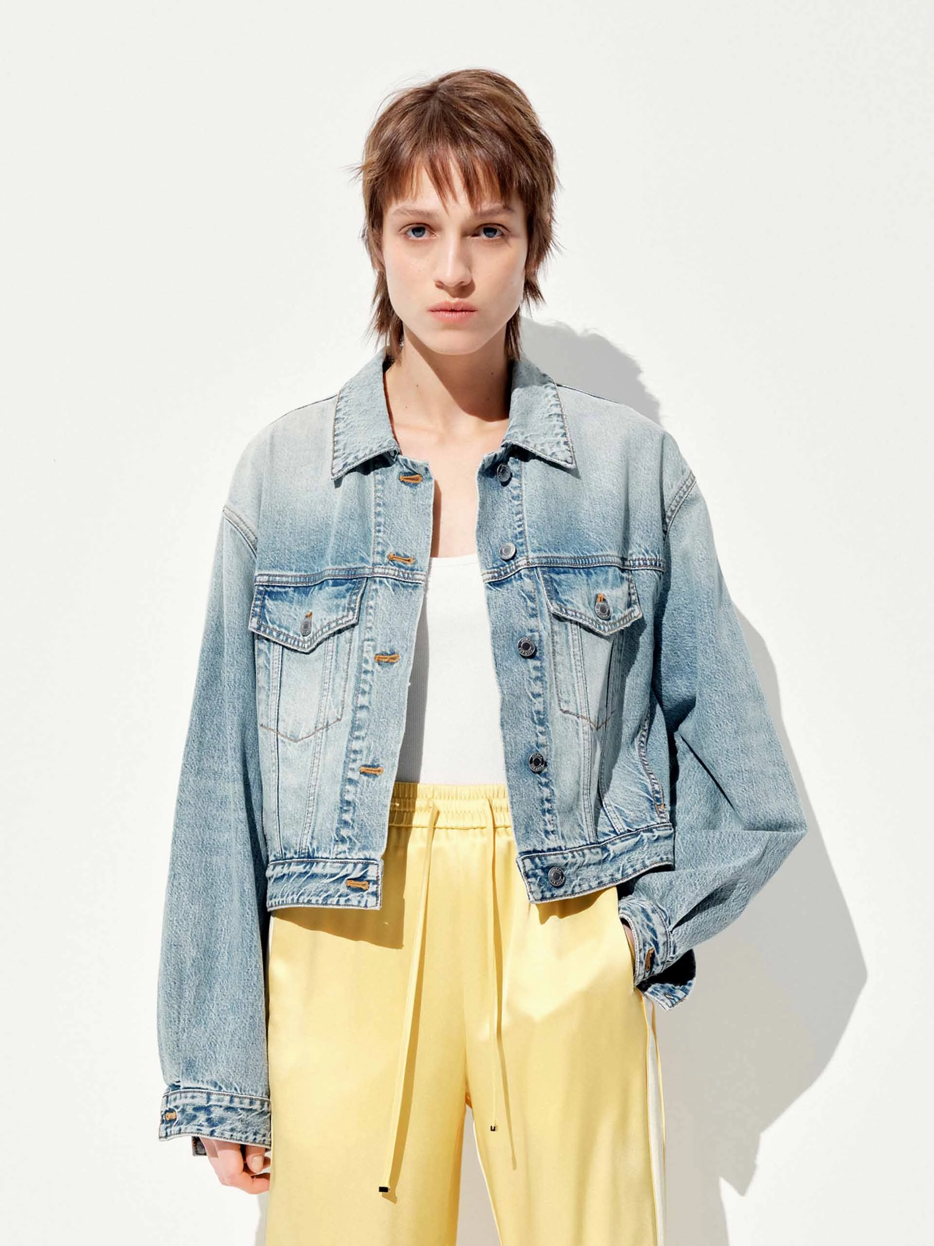Cropped Cotton Denim Jacket All Weather Performance Water Resistant Fabric