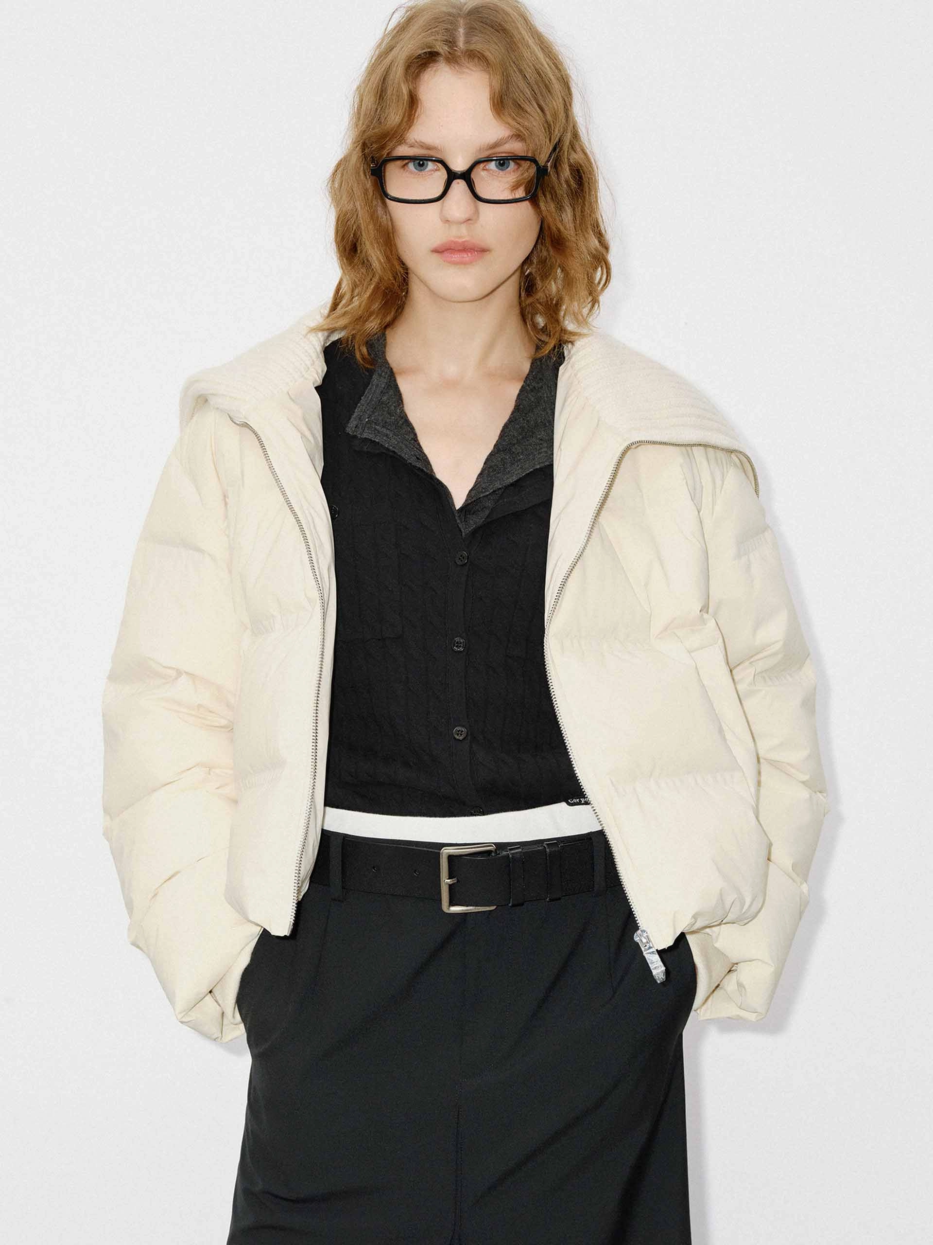 Wool Collar Cropped Down Jacket No Wrinkle