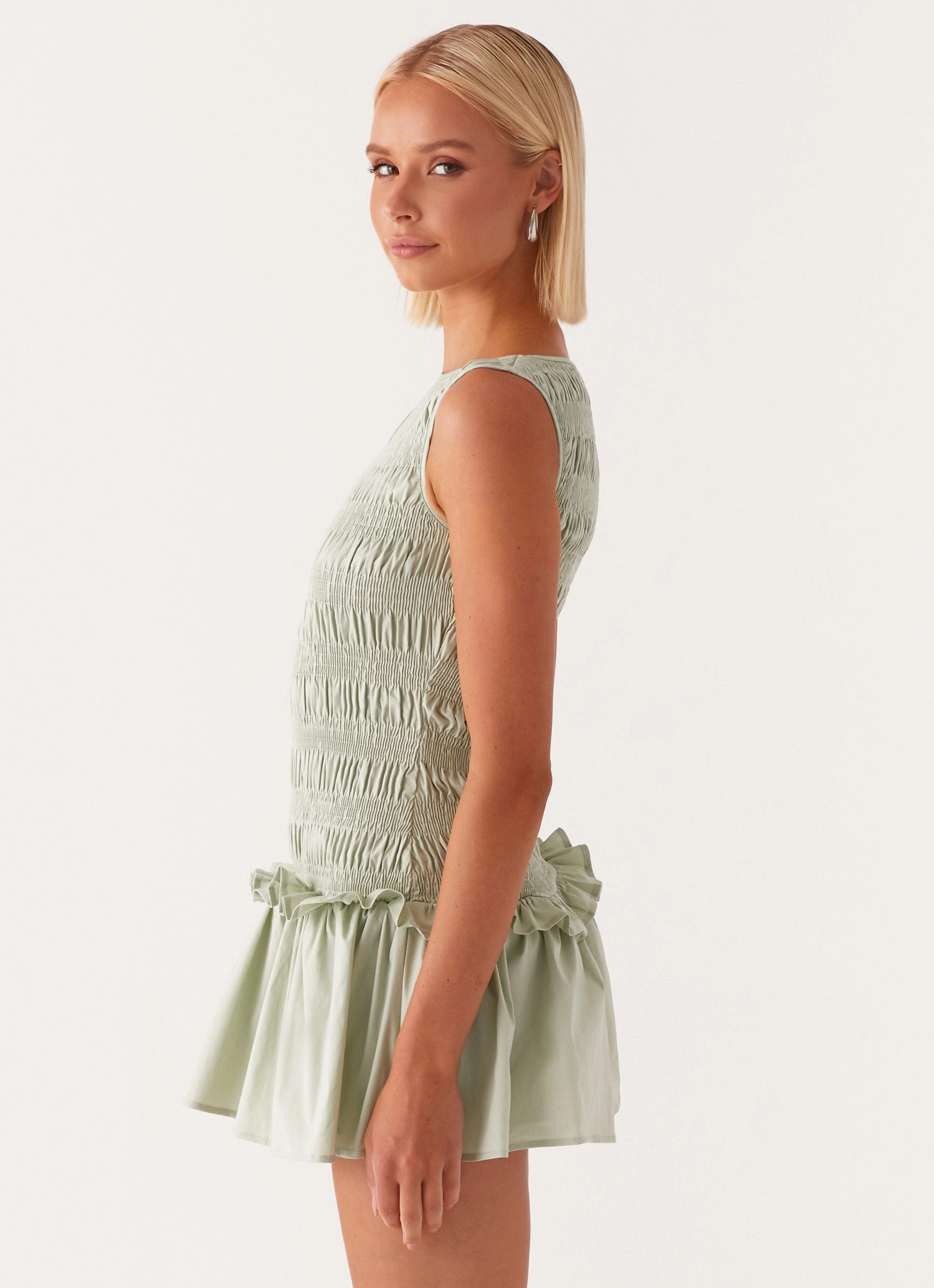 Garden Kisses Shirred Mini Dress - Sage Comfortable Wear Zip Ease