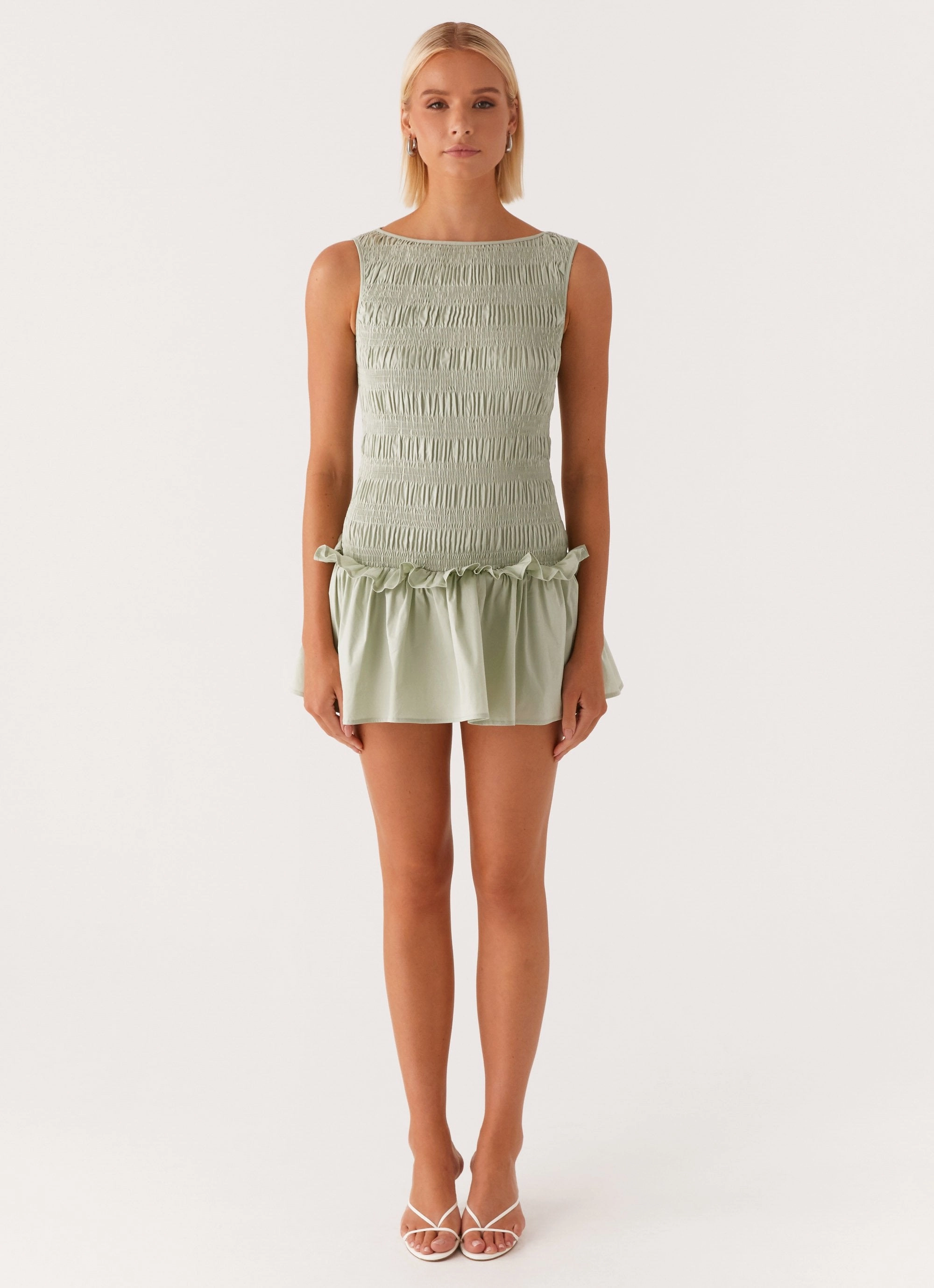 Beaded-Sleeve Garden Kisses Shirred Mini Dress - Sage