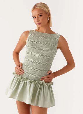Garden Kisses Shirred Mini Dress - Sage Effortless Vibe