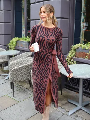 Chilly Day Wear Cool Comfort Renee Zebra Jacquard Knitted Midaxi Dress / Chocolate