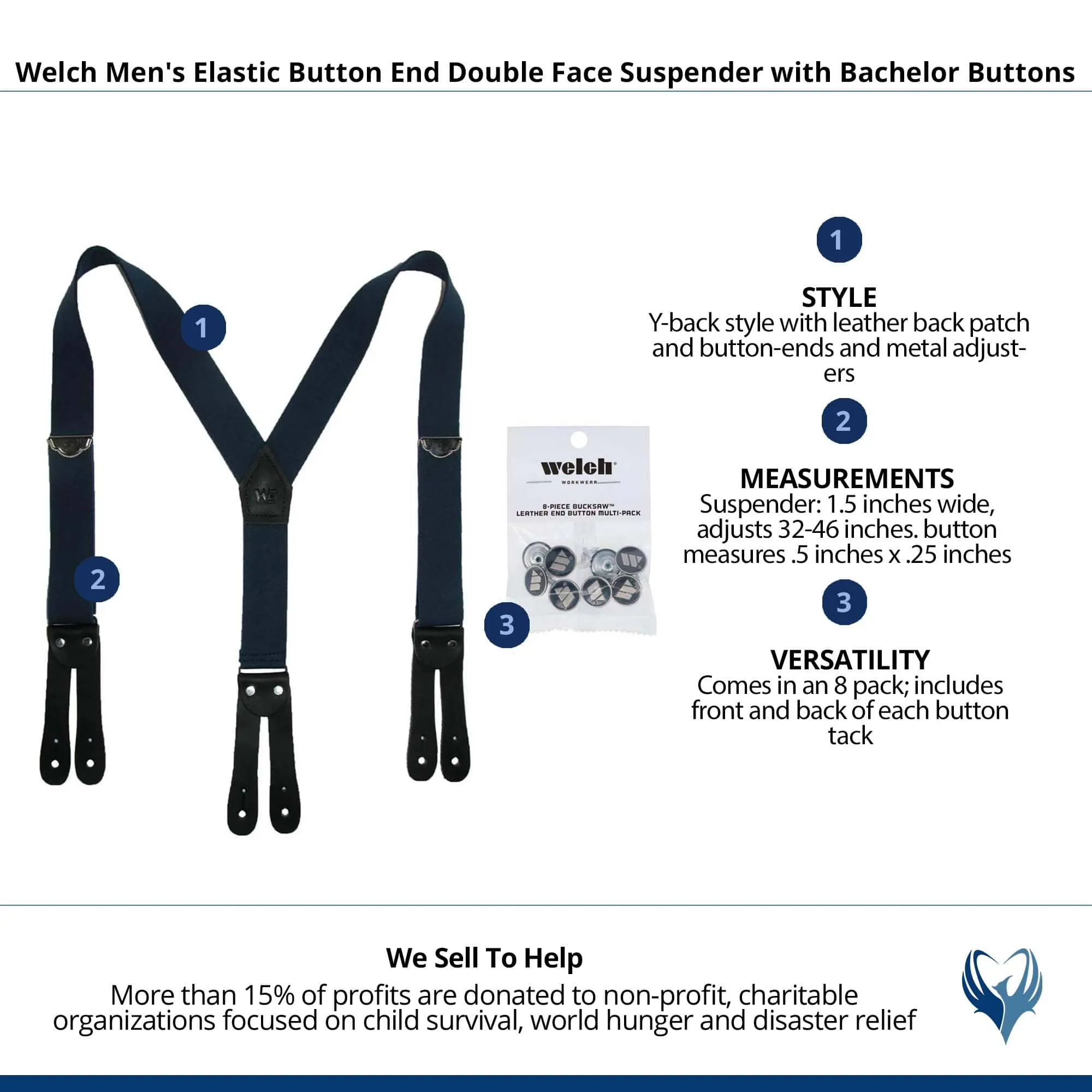 Welch Men's Elastic Button End Double Face Suspender with Bachelor Buttons