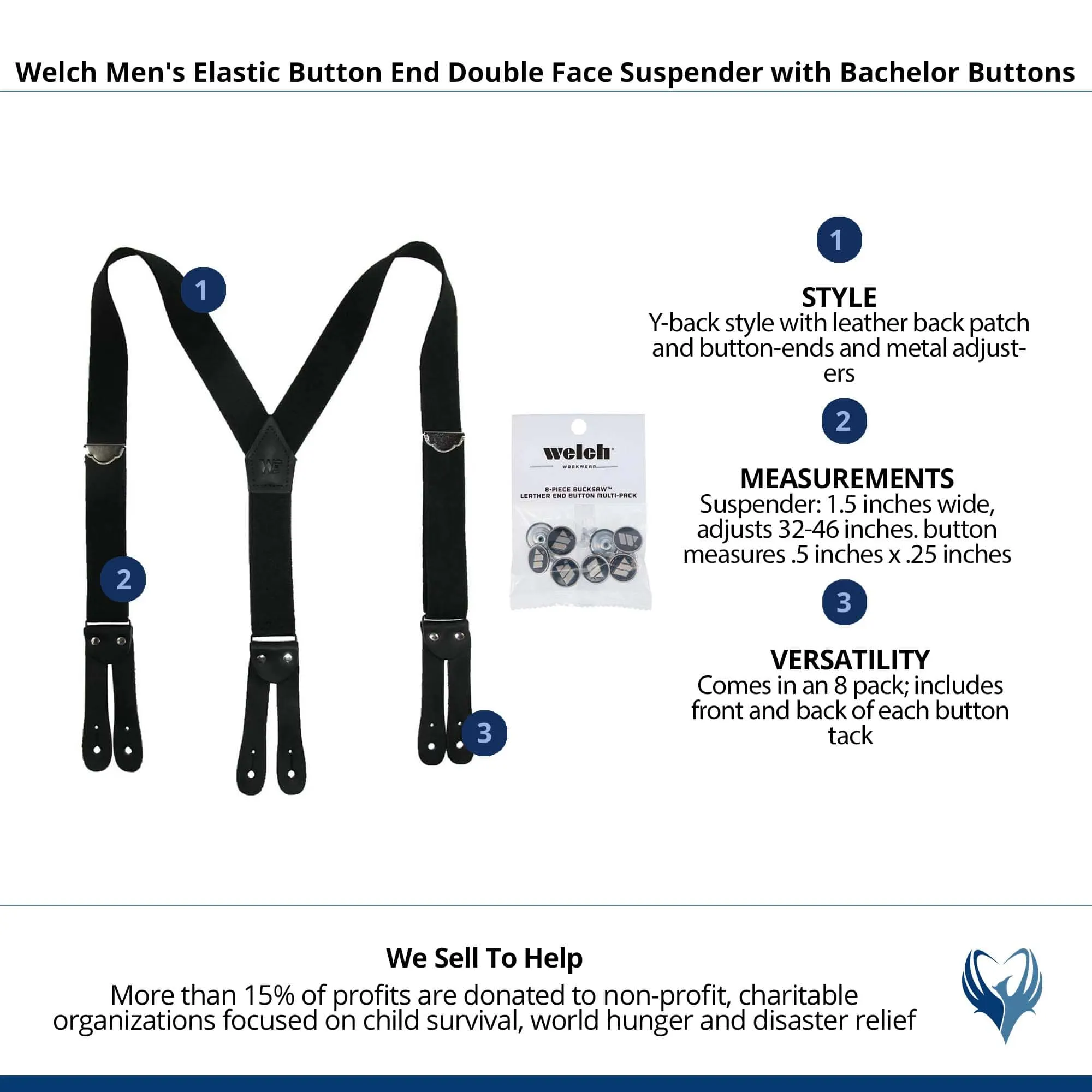 Welch Men's Elastic Button End Double Face Suspender with Bachelor Buttons