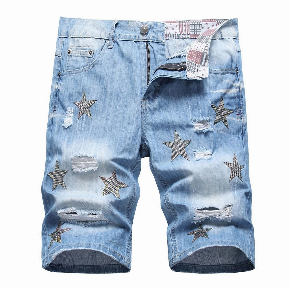 Quick Release Fastener energetic look West Louis? Crystal Patch Star & Holes Jeans Short