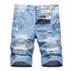 Father's Day gift West Louis? Crystal Patch Star & Holes Jeans Short