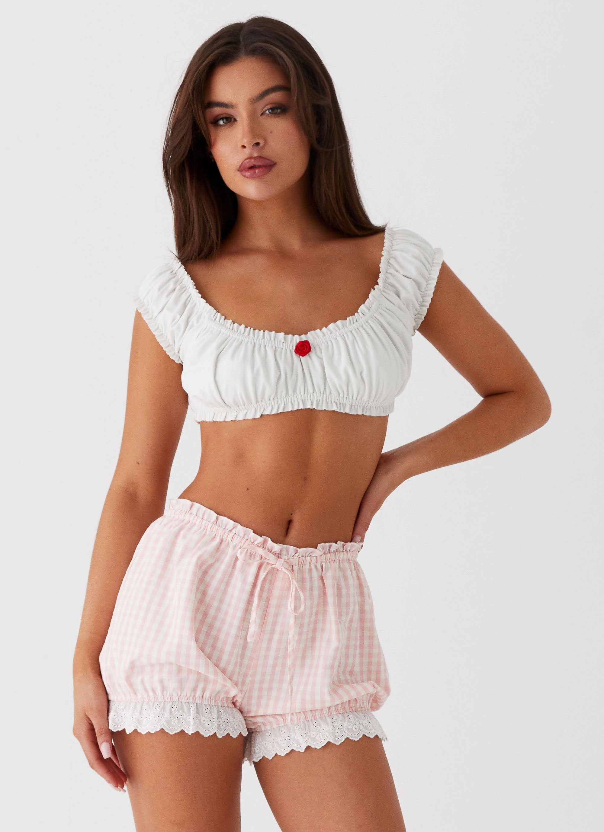 Weston Lace Trim Shorts - Pink Gingham Flared bottom