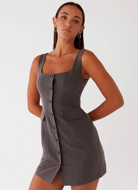 Westwood Mini Dress - Grey Pinstripe Smooth Tone Soft Pleats