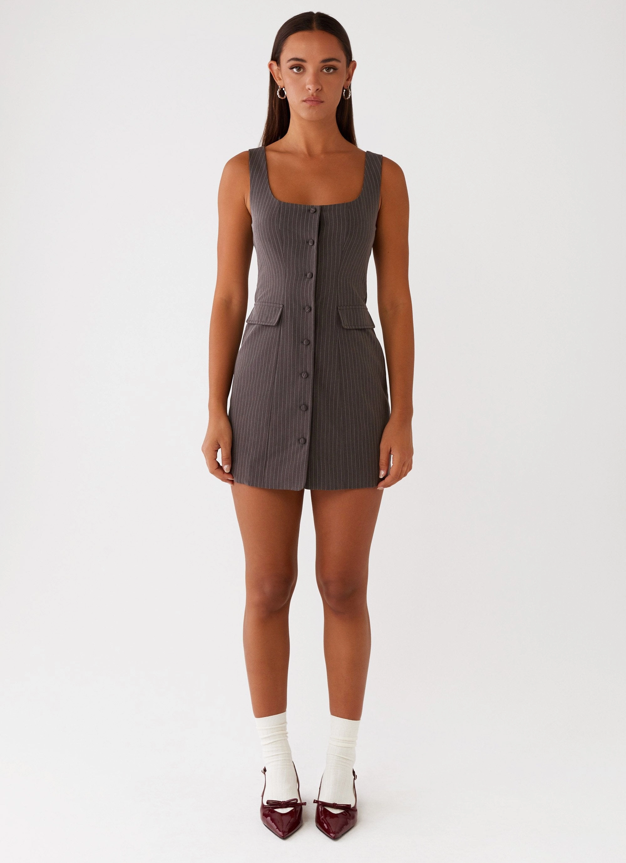 Westwood Mini Dress - Grey Pinstripe skin friendly Unique Print