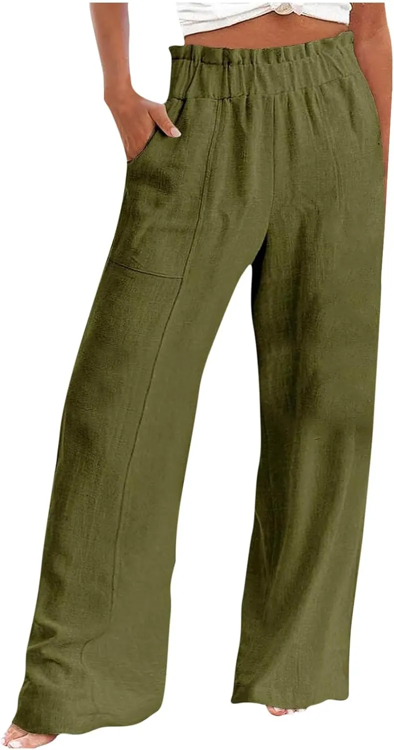 Wide Leg Pants for Women Trendy Elastic Waist Straight Full Length Trousers Loose Fit Casual Comfy Soft Outdoor Pants