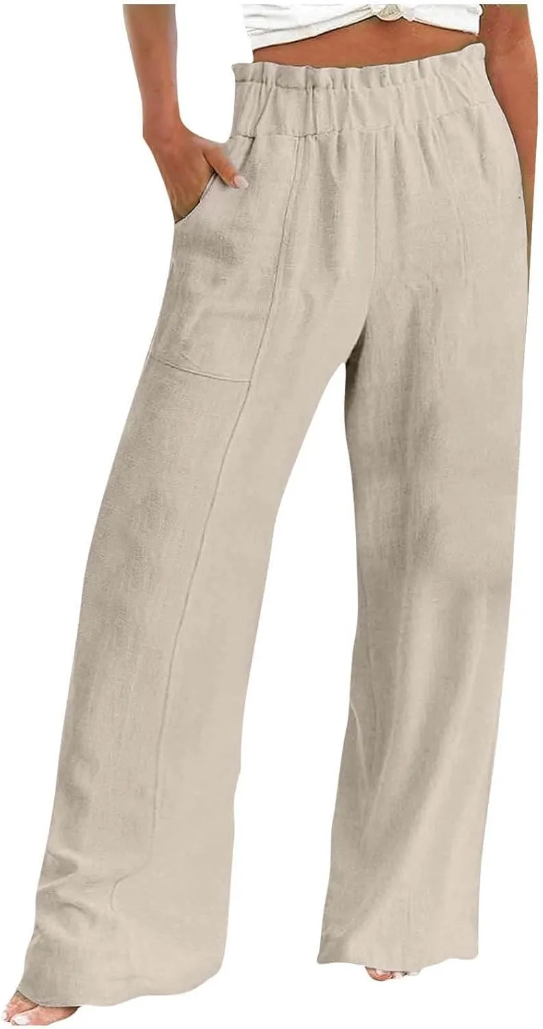 Wide Leg Pants for Women Trendy Elastic Waist Straight Full Length Trousers Loose Fit Casual Comfy Soft Outdoor Pants