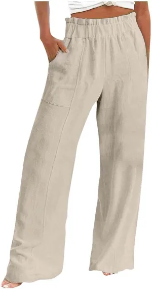 Wide Leg Pants for Women Trendy Elastic Waist Straight Full Length Trousers Loose Fit Casual Comfy Soft Outdoor Pants
