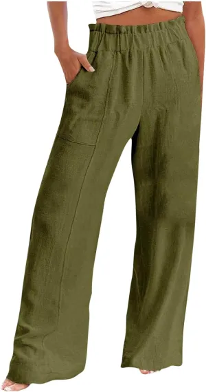 Wide Leg Pants for Women Trendy Elastic Waist Straight Full Length Trousers Loose Fit Casual Comfy Soft Outdoor Pants