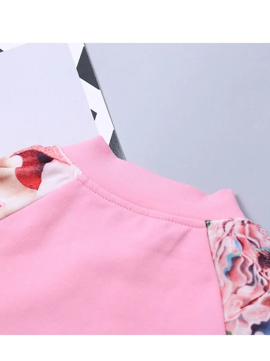 Winter Sportswear Outfit Set Long Sleeve Floral Jacket Top and Elastic Waist Long Pants