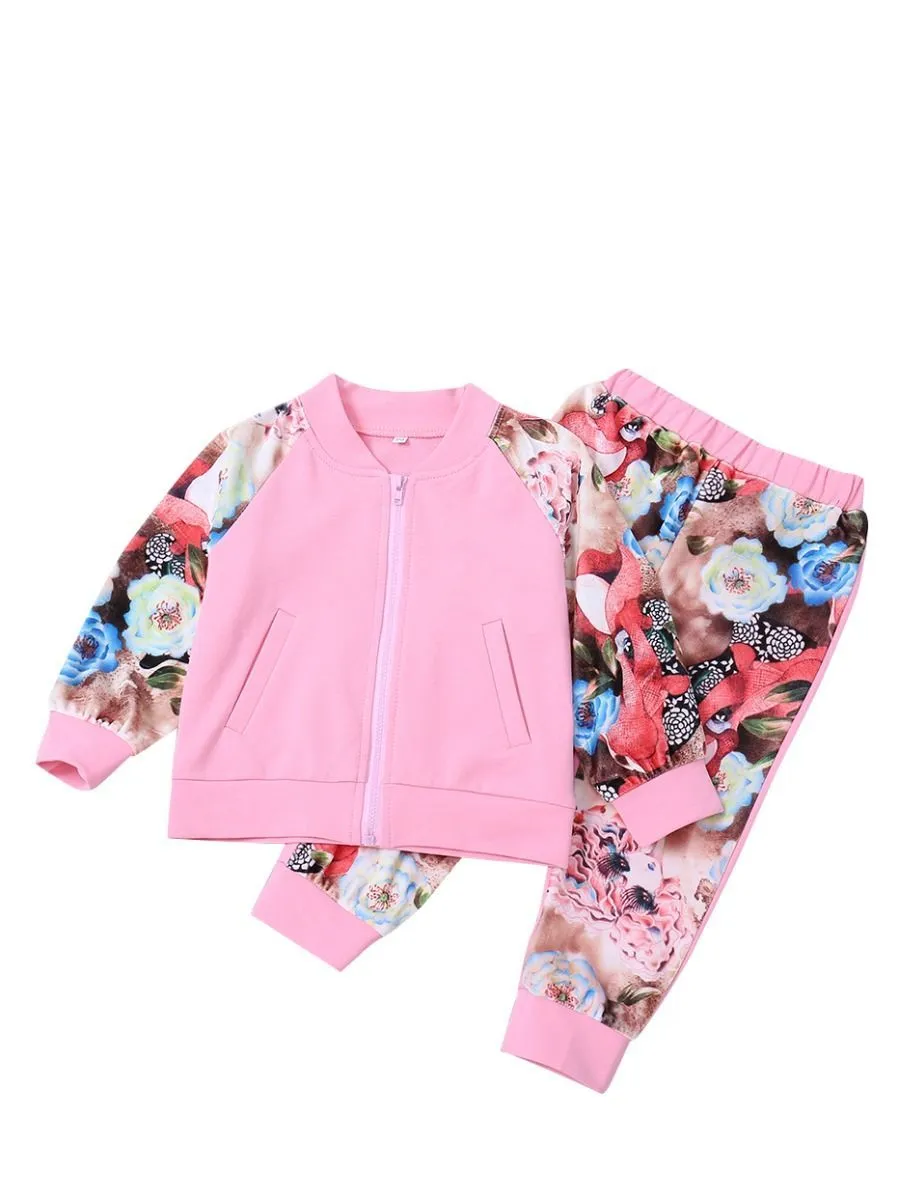 Winter Sportswear Outfit Set Long Sleeve Floral Jacket Top and Elastic Waist Long Pants