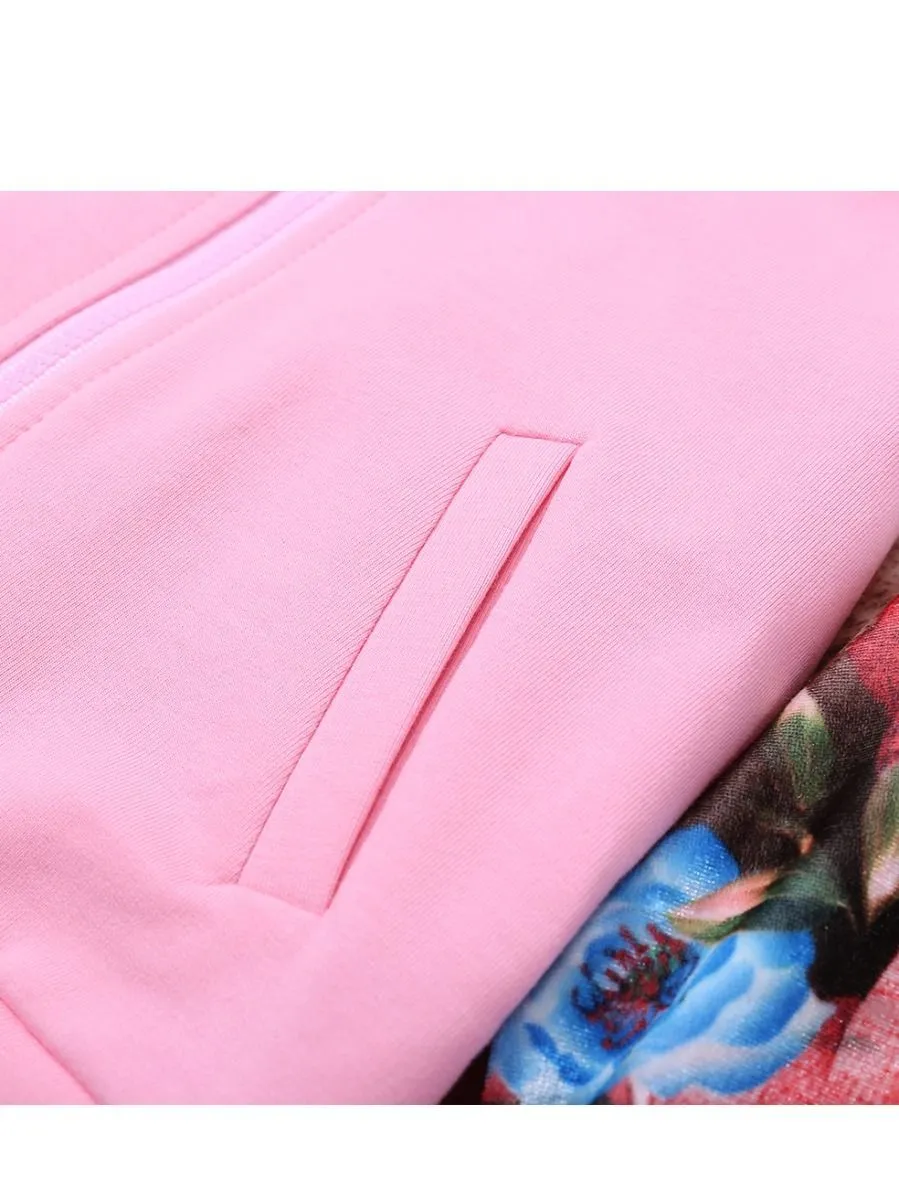 Winter Sportswear Outfit Set Long Sleeve Floral Jacket Top and Elastic Waist Long Pants
