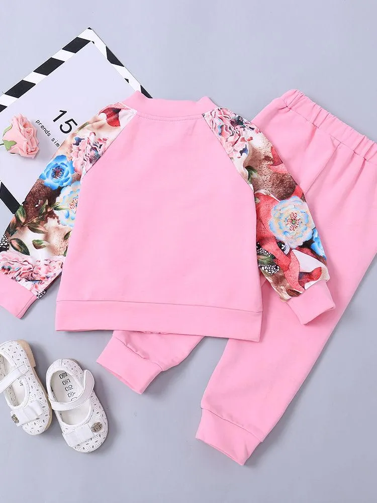 Winter Sportswear Outfit Set Long Sleeve Floral Jacket Top and Elastic Waist Long Pants