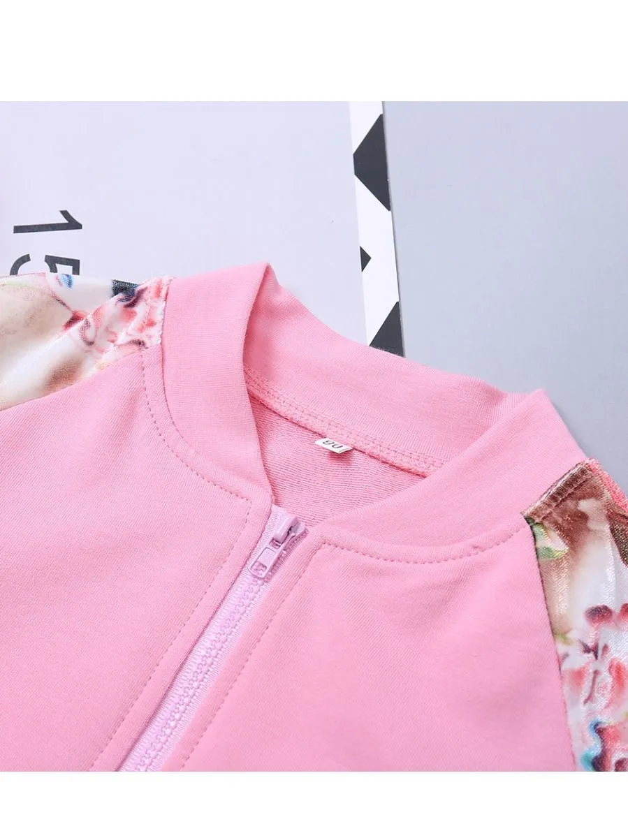 Winter Sportswear Outfit Set Long Sleeve Floral Jacket Top and Elastic Waist Long Pants