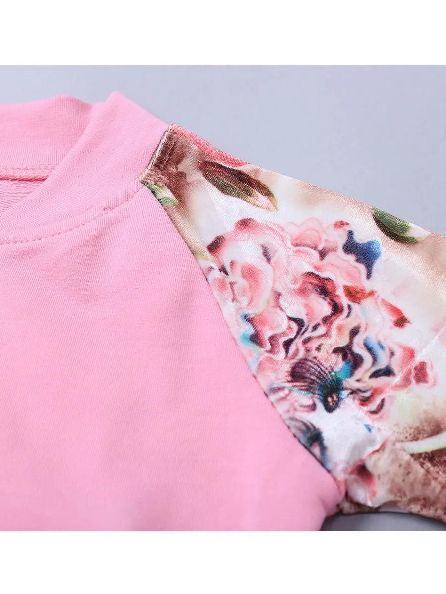 Winter Sportswear Outfit Set Long Sleeve Floral Jacket Top and Elastic Waist Long Pants