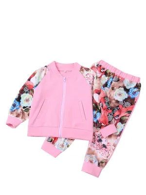Winter Sportswear Outfit Set Long Sleeve Floral Jacket Top and Elastic Waist Long Pants