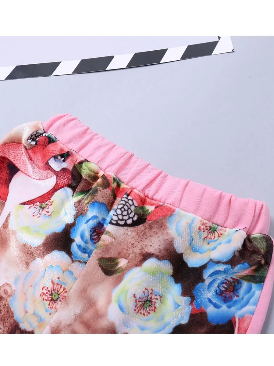 Winter Sportswear Outfit Set Long Sleeve Floral Jacket Top and Elastic Waist Long Pants