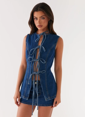 Fashionable Shirt Wish You Luck Denim Top - Dark Blue