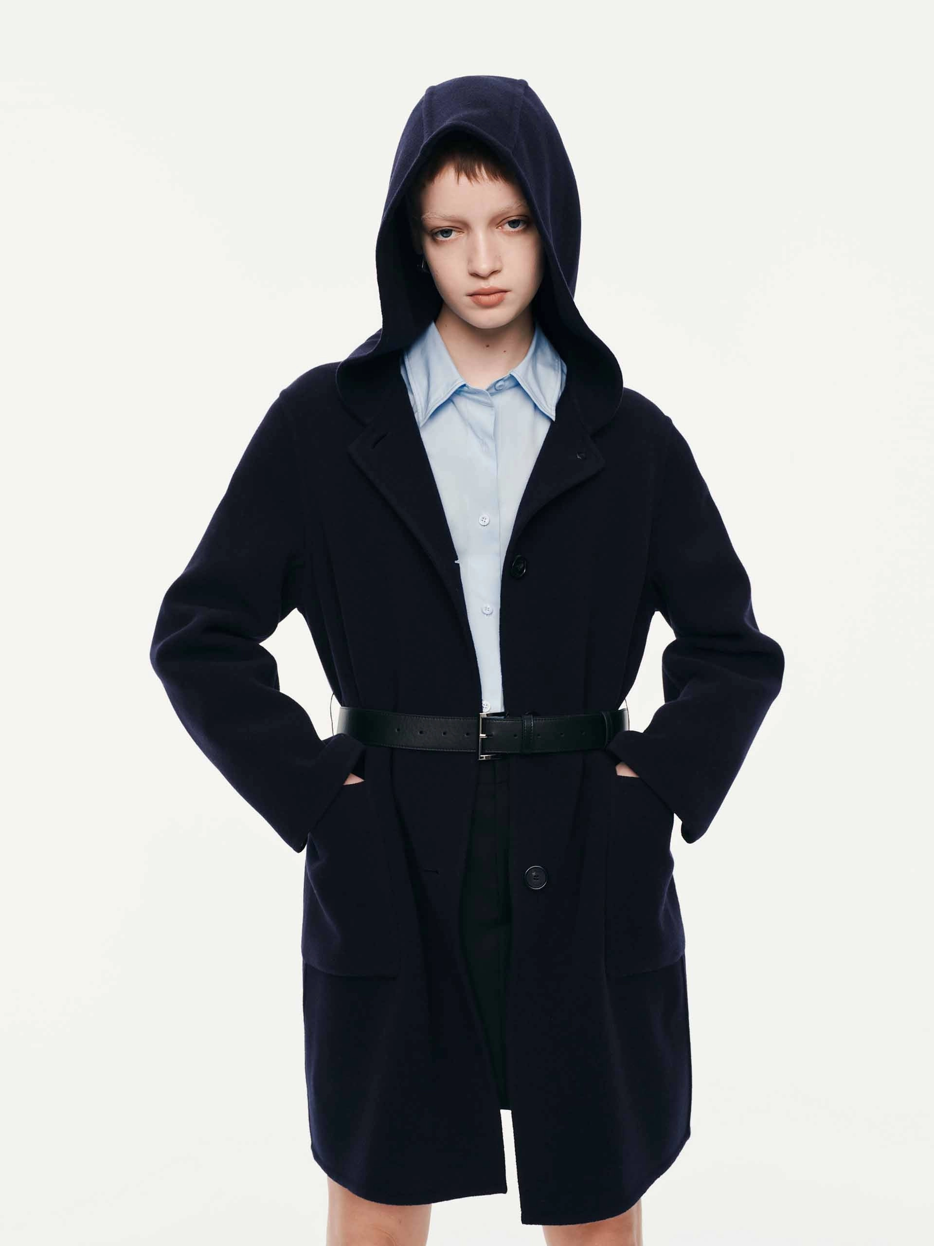 Micro Perforated Panels Convertible Collar With Belt Hooded Coat