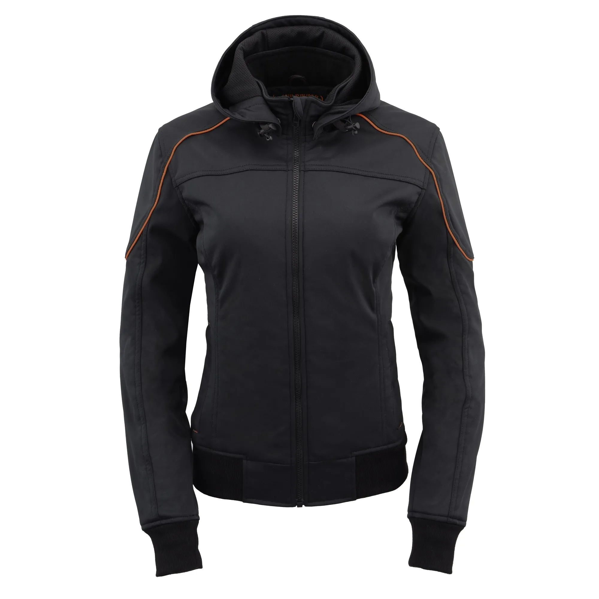Women Soft Shell Armored Racing Style Jacket with Detachable Hood
