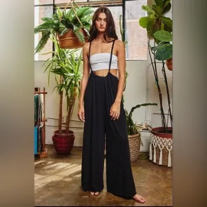 Women’s Bucketlist casual black boho wide leg solid knit textured suspender pants