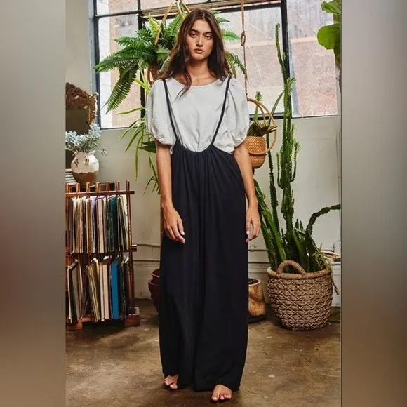 Women’s Bucketlist casual black boho wide leg solid knit textured suspender pants