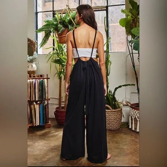 Women’s Bucketlist casual black boho wide leg solid knit textured suspender pants