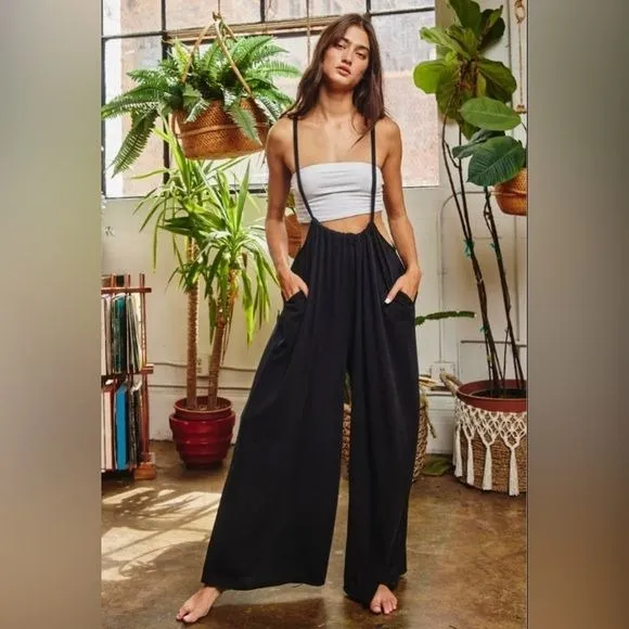 Women’s Bucketlist casual black boho wide leg solid knit textured suspender pants
