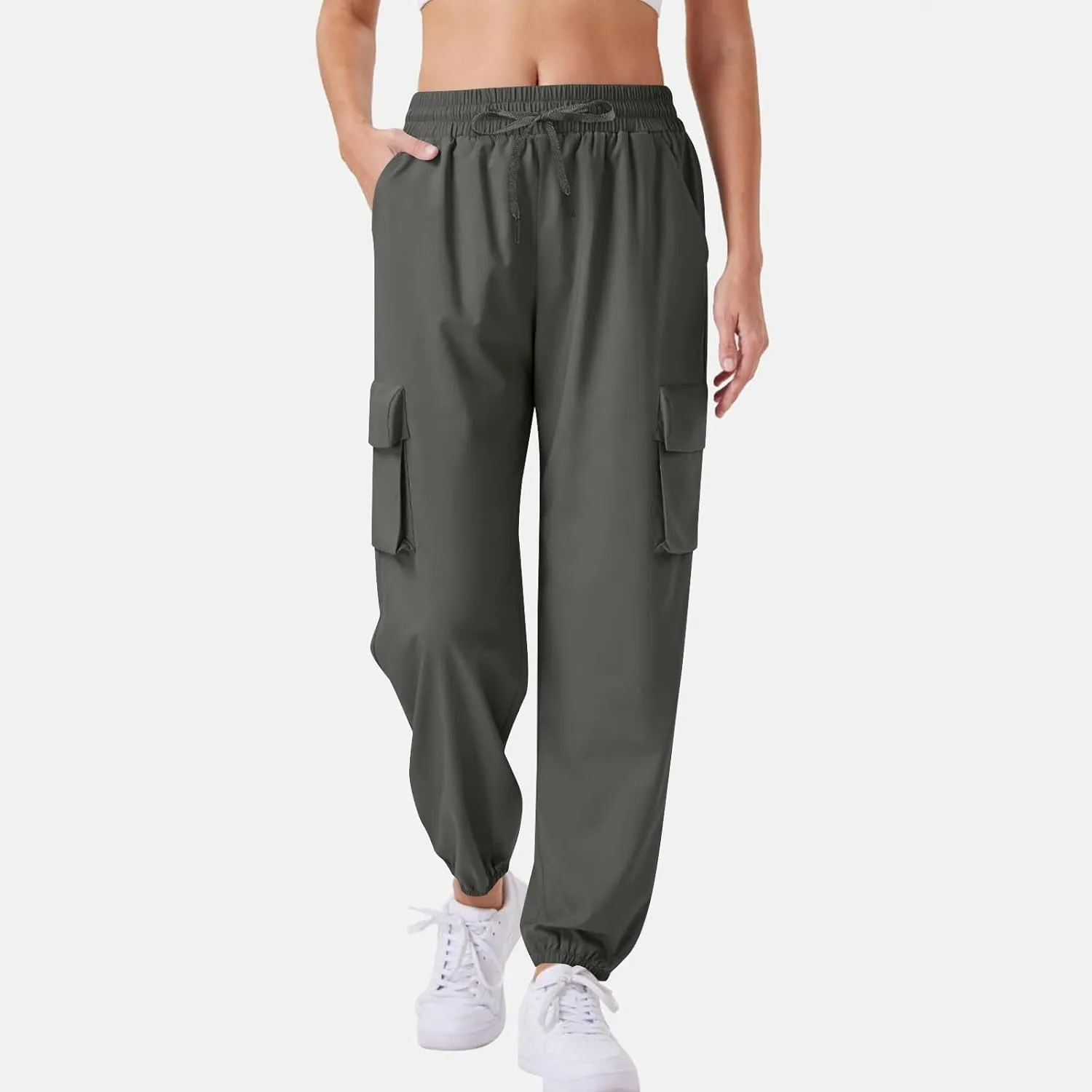 Womens Drying Cargo Pants Outdoor Hiking Elastic Waist Casual Straight Solid Color Rushing Trousers with Pockets