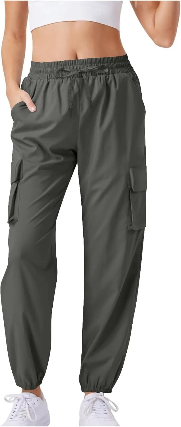 Womens Drying Cargo Pants Outdoor Hiking Elastic Waist Casual Straight Solid Color Rushing Trousers with Pockets