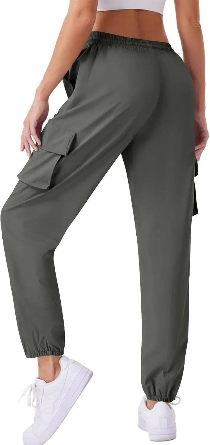 Womens Drying Cargo Pants Outdoor Hiking Elastic Waist Casual Straight Solid Color Rushing Trousers with Pockets