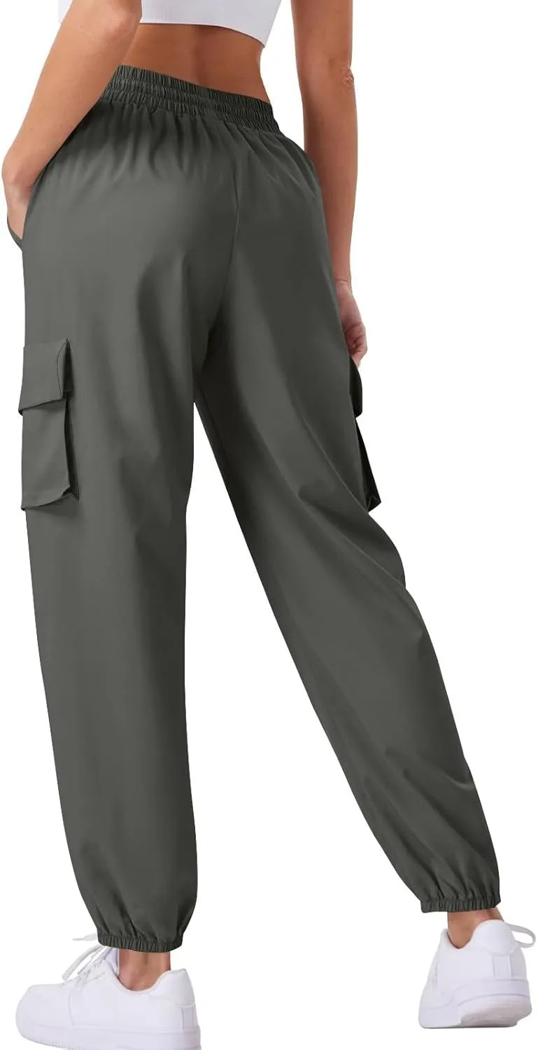 Womens Drying Cargo Pants Outdoor Hiking Elastic Waist Casual Straight Solid Color Rushing Trousers with Pockets