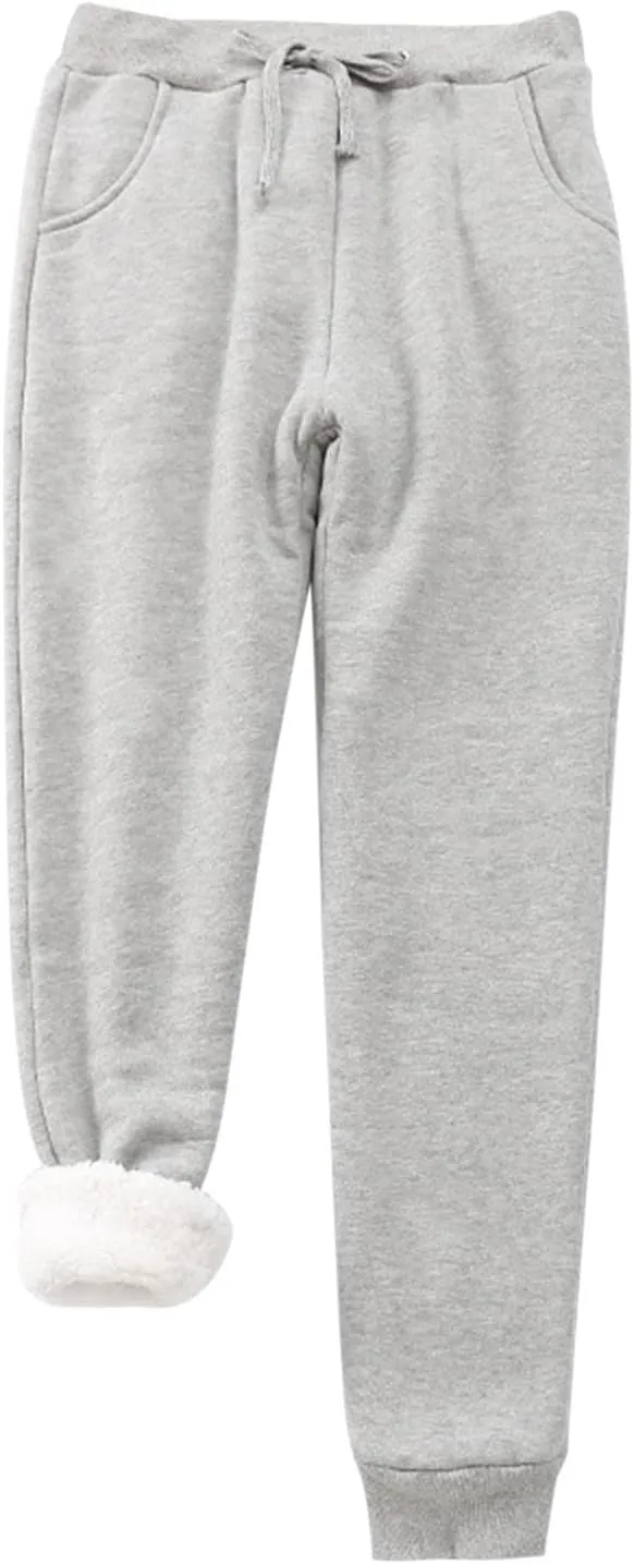 Women's Fleece Sweatpants Sherpa Lined Pants Winter Warm Drawstring Athletic Jogger Cozy Thermal Pants with Pockets