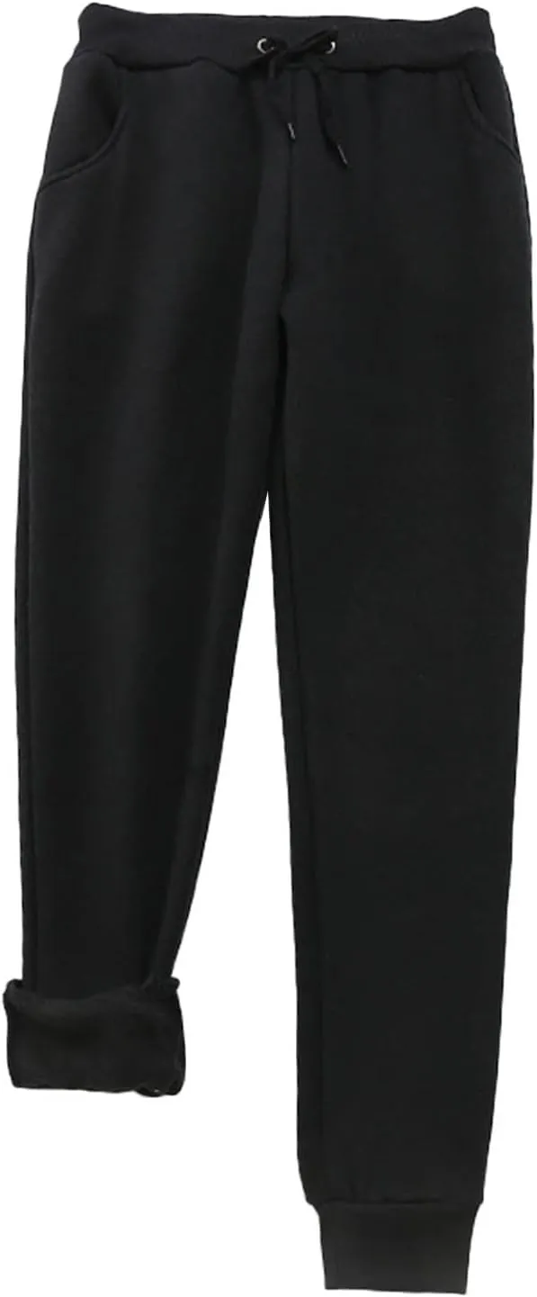 Women's Fleece Sweatpants Velvet Lined Pants Winter Warm Drawstring Athletic Jogger Cozy Thermal Pants with Pockets