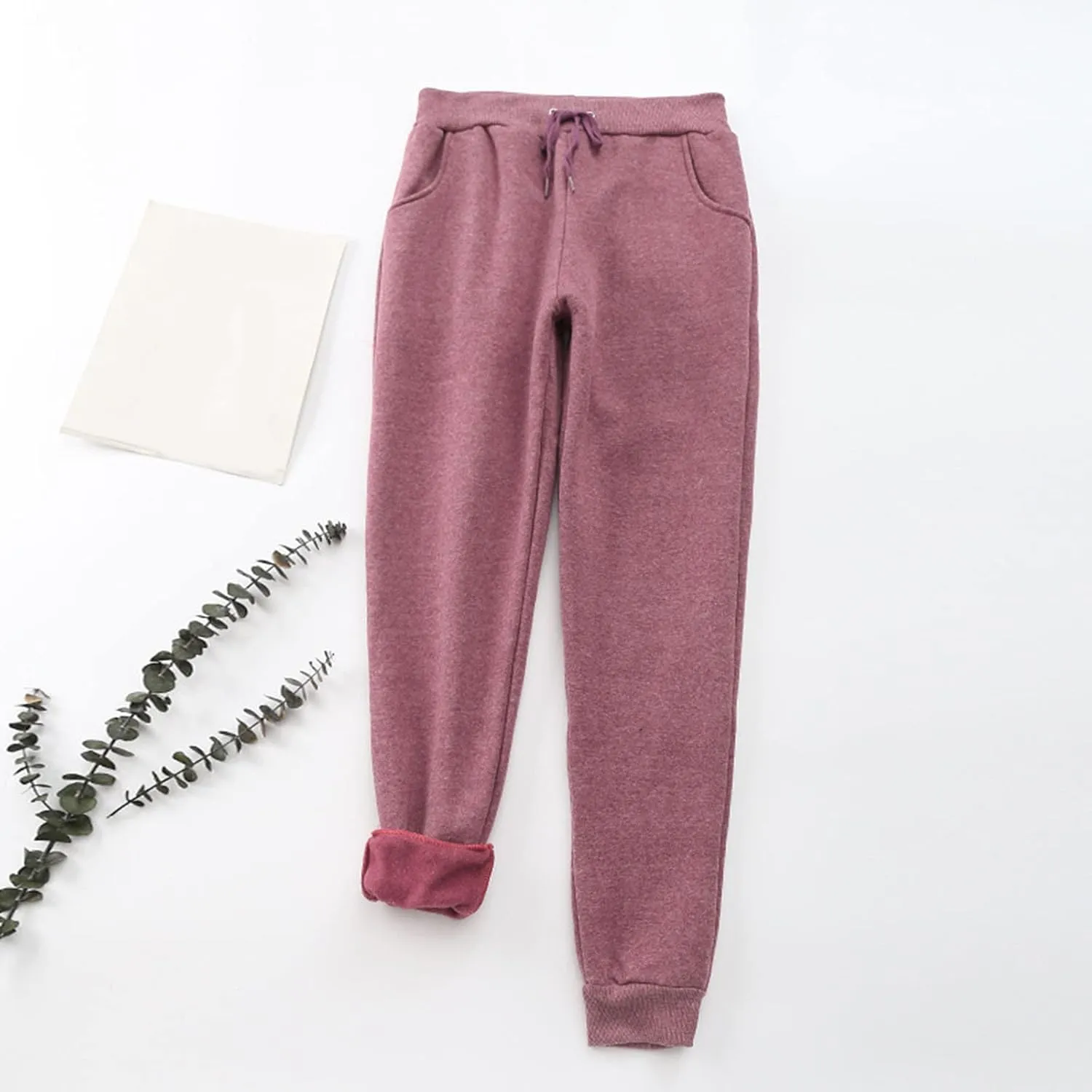 Women's Fleece Sweatpants Velvet Lined Pants Winter Warm Drawstring Athletic Jogger Cozy Thermal Pants with Pockets